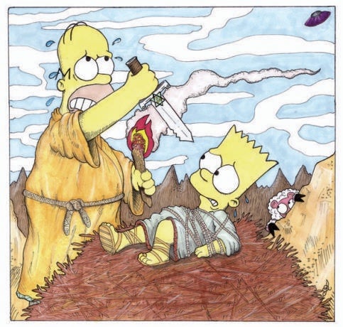 Image of Bart and Homer Simpson in a reinactment of the sacrifice of Isaac by Abraham
