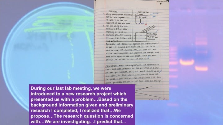 Image of a petri dish, a lab notebook, and a note detailing lab observations
