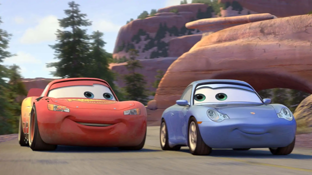 Still image from cars movie a red and blue car on the road