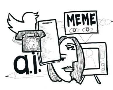 A drawing of a telephone, face, tv, and social media logo