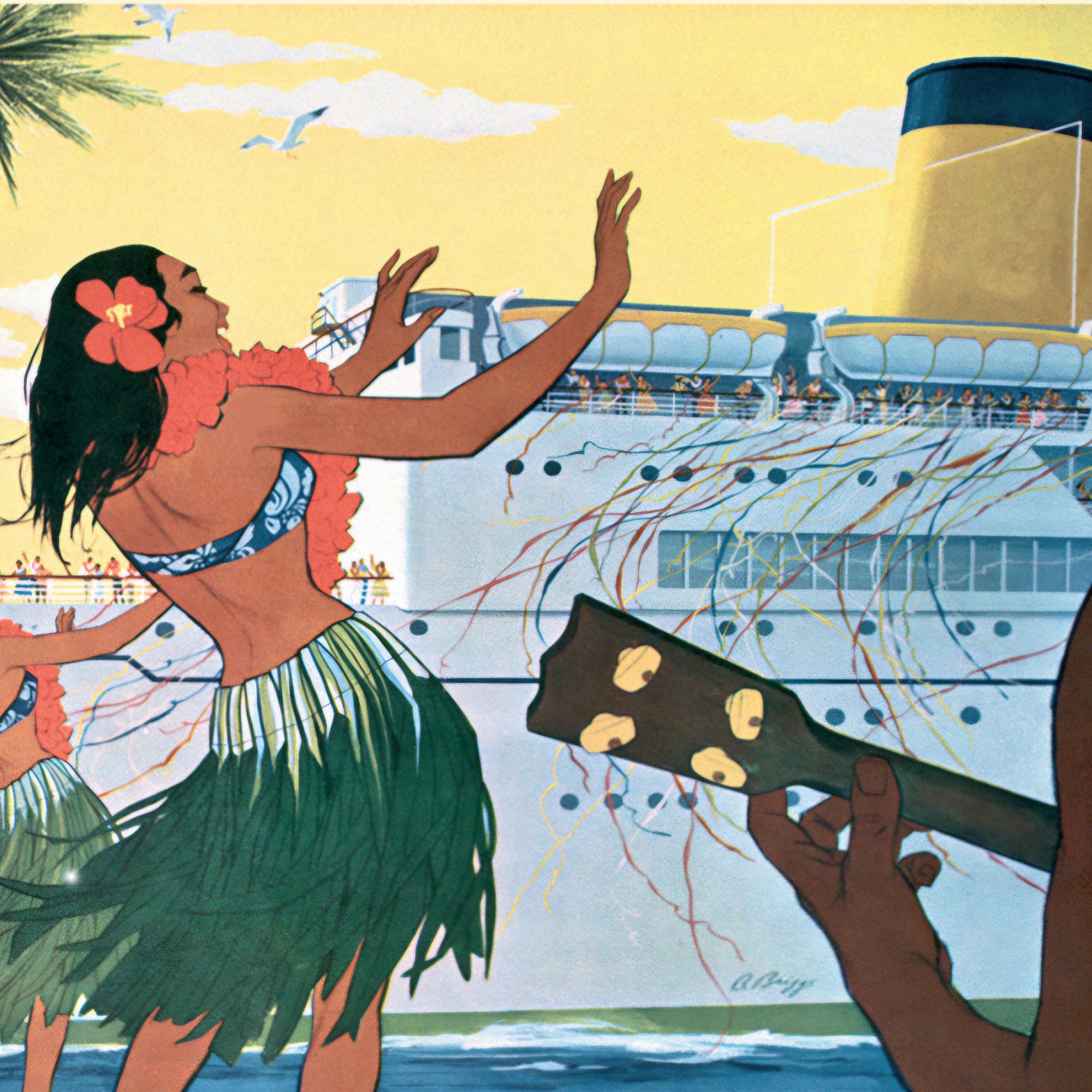 hawaiian dancers with cruise ship background illustration