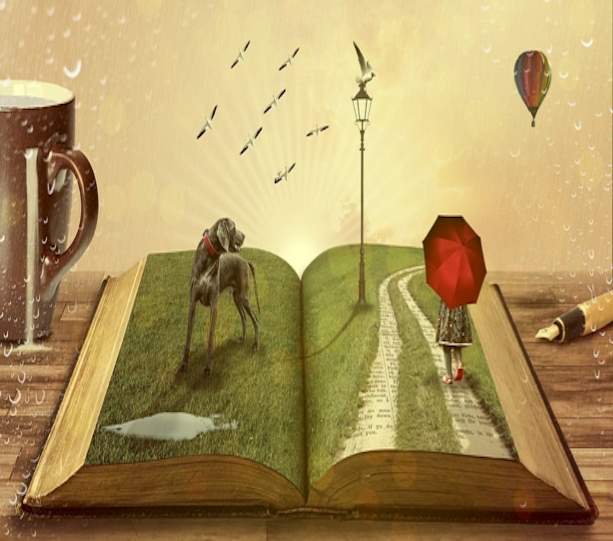 an open book with a girl walking under an umbrella, birds, a dog, a puddle and a street lamp, a mug, a hot air balloon and a pen